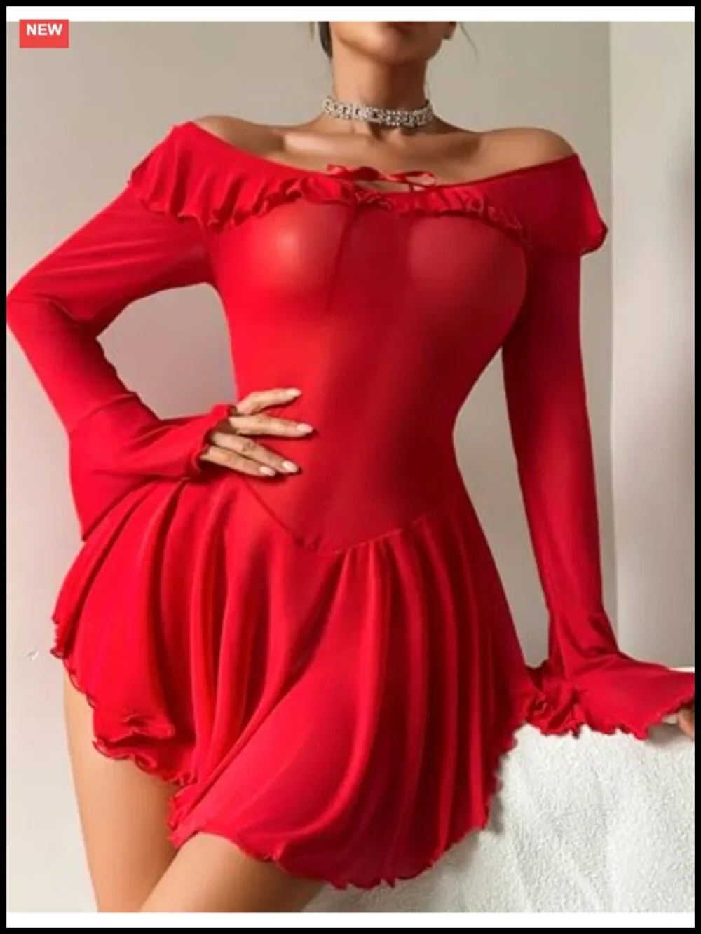 Sheer Long Sleeve Babydoll Lingerie Ruffle Dress